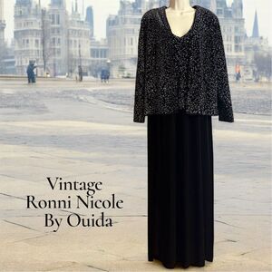 Ronni Nicole Vintage Black Stretch Velvet Silver 2 Piece Evening Gown Jacket